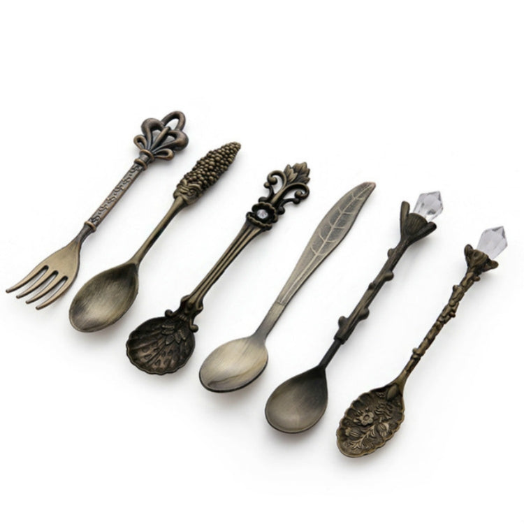 6pcs / Set Vintage Mini Coffee Spoons Suit Royal Style Metal Carved Coffee Fruit Cutler Dessert Flatware Kitchen Tools, Gold, Red Bronze, Antique Bronze（With Red Fork）, Antique Bronze（With Antique Fork）, Silver