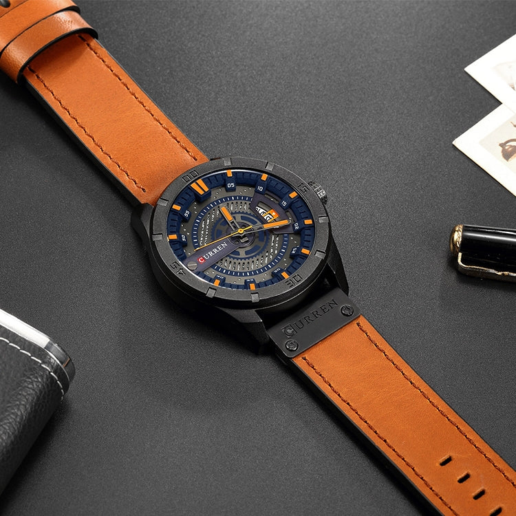 CURREN M8301 Men Military Sports Watch Quartz Date Clock Leather Wristwatch, black case orange, black case red, black case black face deep brown band, black case grey face light brown band, black case blue