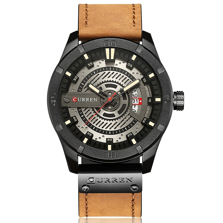 CURREN M8301 Men Military Sports Watch Quartz Date Clock Leather Wristwatch, black case orange, black case red, black case black face deep brown band, black case grey face light brown band, black case blue