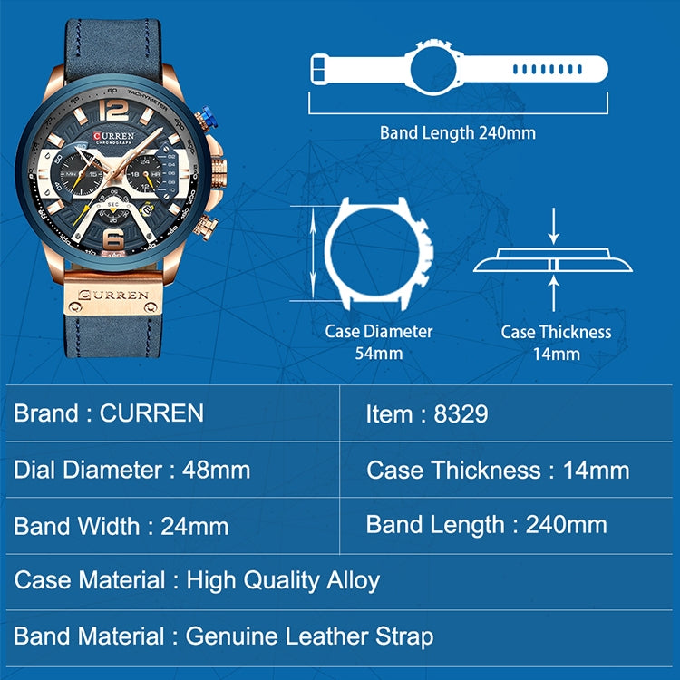 CURREN M8329 Casual Sport Leather Watch for Men, Rose blue, Rose black, Gold black, Black Khaki, White black