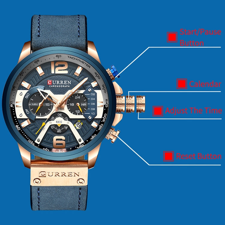 CURREN M8329 Casual Sport Leather Watch for Men, Rose blue, Rose black, Gold black, Black Khaki, White black