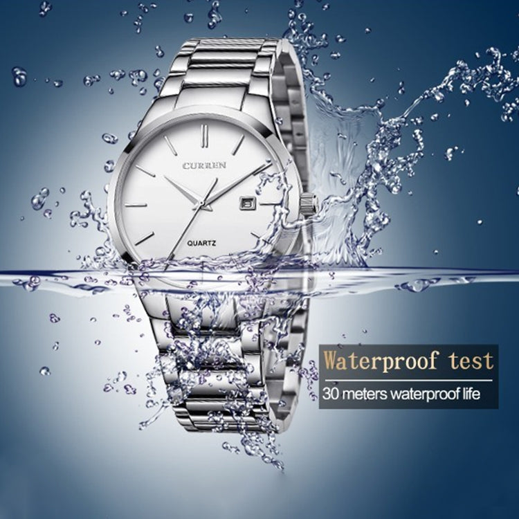 CURREN 8106 Fashion Business Calendar Waterproof Full Steel Quartz Watch, black case black face, white case black face, black case white face, white case white face