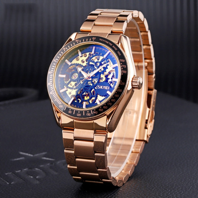 SKMEI 9194 Men Automatic Skeleton Mechanical Steel Band Watch, Black, Silver, Golden Black Face, Rose Gold, Golden Gold Face