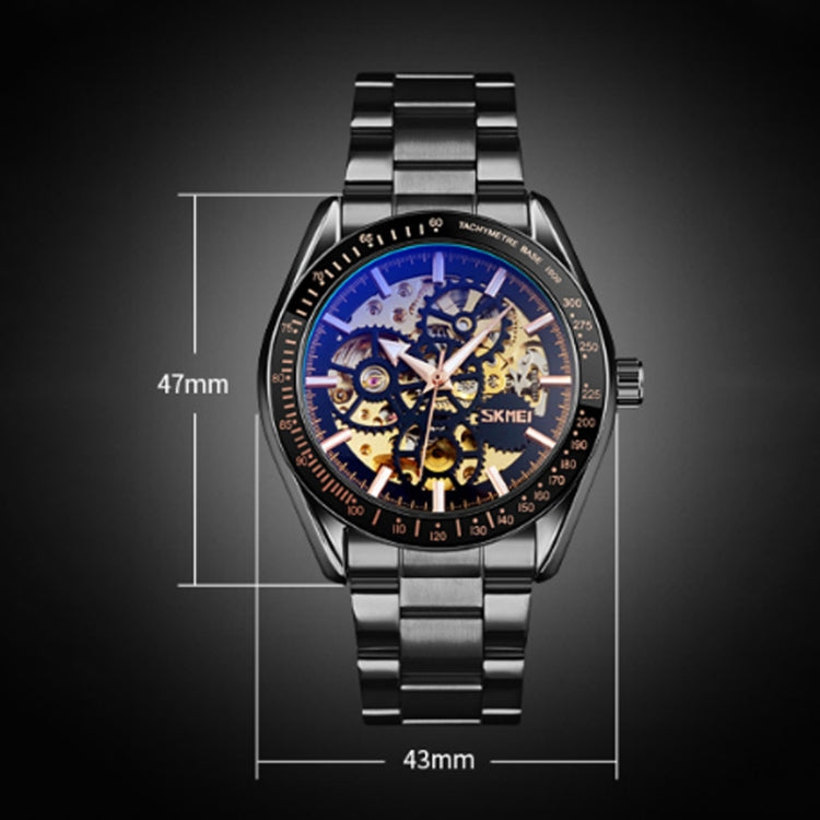SKMEI 9194 Men Automatic Skeleton Mechanical Steel Band Watch, Black, Silver, Golden Black Face, Rose Gold, Golden Gold Face
