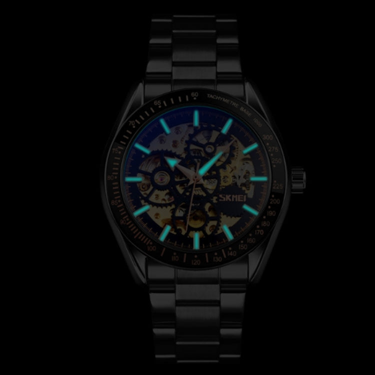 SKMEI 9194 Men Automatic Skeleton Mechanical Steel Band Watch, Black, Silver, Golden Black Face, Rose Gold, Golden Gold Face