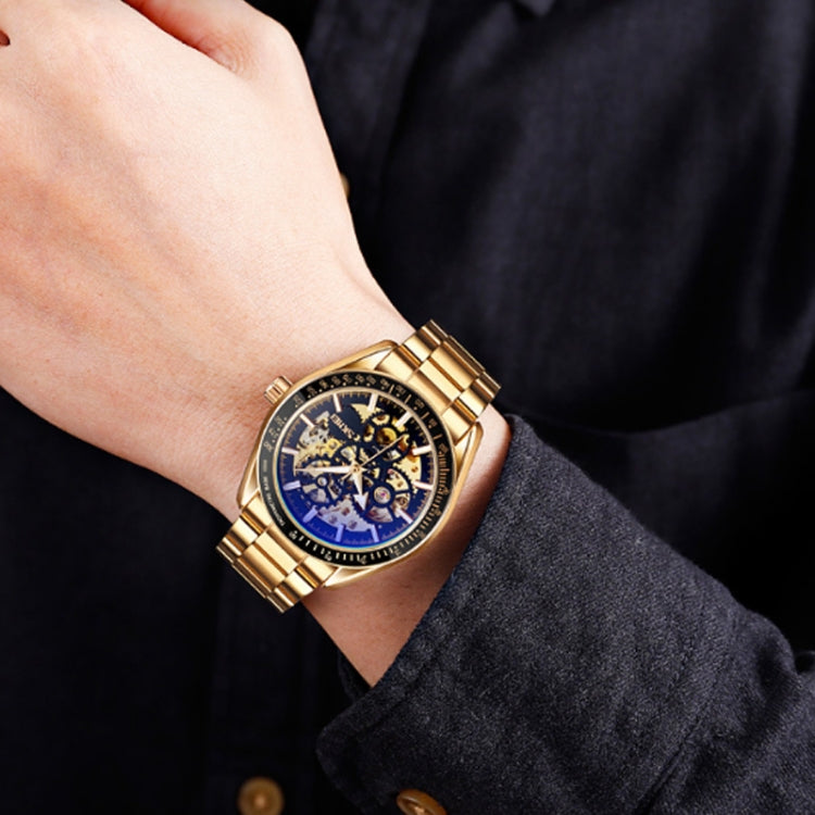 SKMEI 9194 Men Automatic Skeleton Mechanical Steel Band Watch, Black, Silver, Golden Black Face, Rose Gold, Golden Gold Face