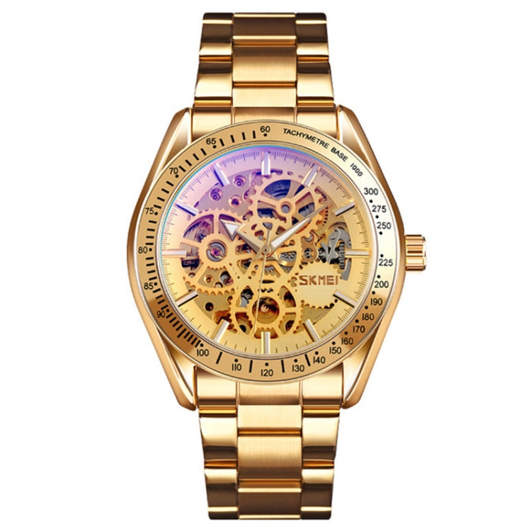 SKMEI 9194 Men Automatic Skeleton Mechanical Steel Band Watch, Black, Silver, Golden Black Face, Rose Gold, Golden Gold Face