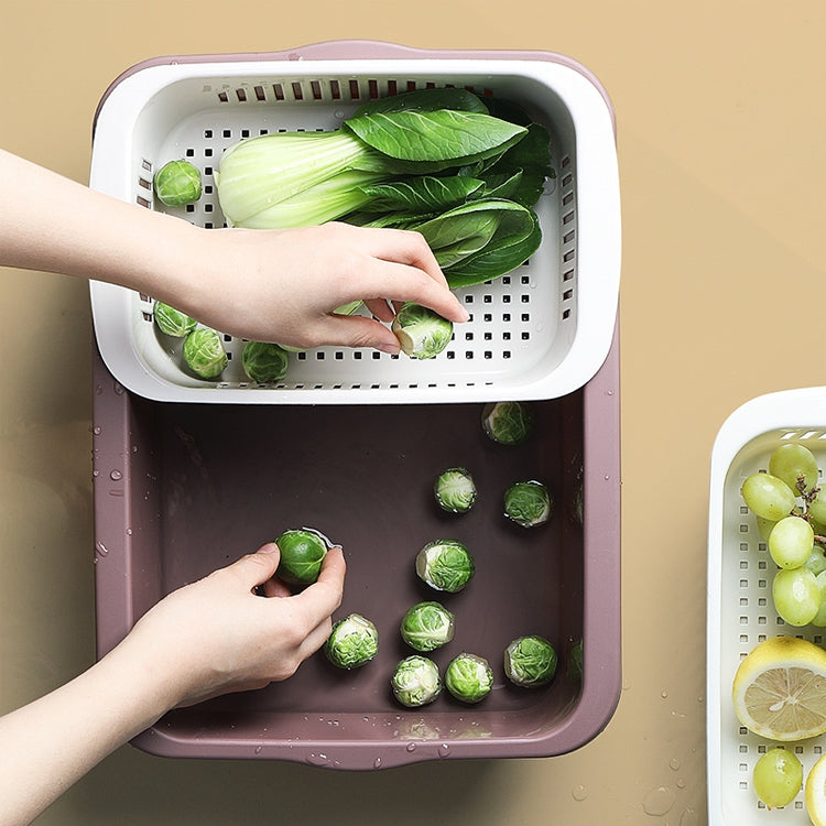 Double-layer Classification Square Drain Basket Kitchen Household Plastic Fruit and Vegetable Basket, Dark Red, Yellow Blue, Grass Green, Light Gray