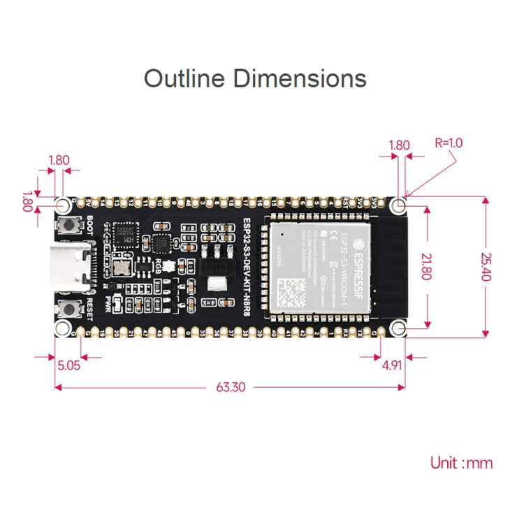 Waveshare ESP32-S3 Microcontroller 2.4GHz Wi-Fi Development Board ESP32-S3-WROOM-1-N8R8 Module, 24263, 24363