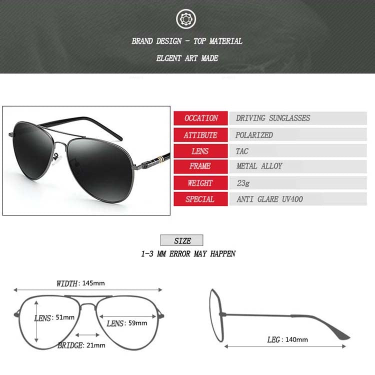 Men Oversized Aviation Metal Frame Spring Temple Polarized Sunglasses Male  Pilot Male Driving Sun Glasses, Black Frame, Gun Grey Frame, Coffee Frame, Silver Frame