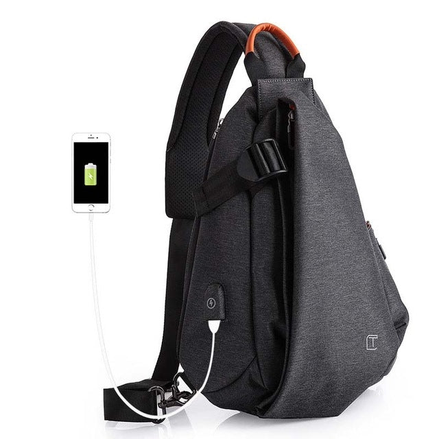 Multifunction Fashion Men Crossbody Bags Chest Pack  Messengers Bag Waterproof Shoulder Bag with USB Charging Port, Black-L