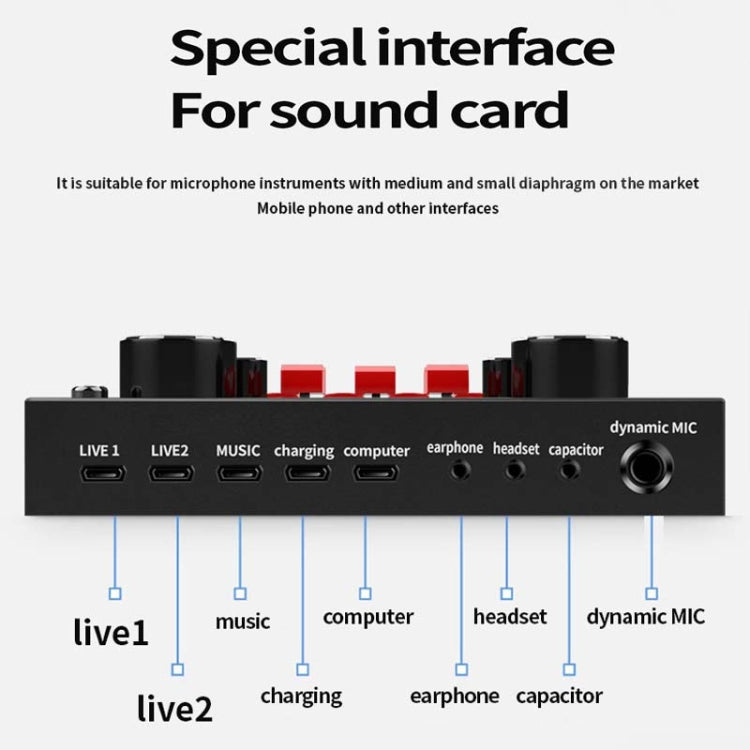 V8S Sound Card Mobile Phone Computer Anchor Live K Song Recording Microphone, English Version, V8S  + Golden Net BM700 Set, V8S  + Black Bet BM700 Set