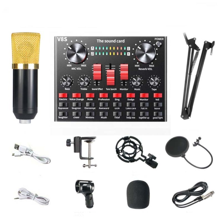 V8S Sound Card Mobile Phone Computer Anchor Live K Song Recording Microphone, English Version, V8S  + Golden Net BM700 Set, V8S  + Black Bet BM700 Set