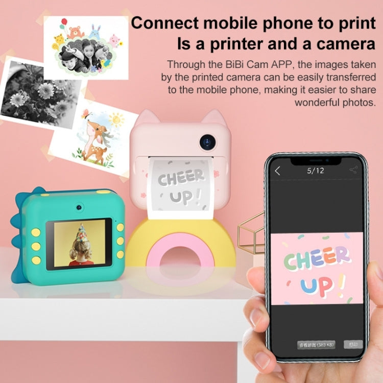 P1 No Card Children Instant Camera 1200W Front And Rear Dual-Lens Mini Print Photographic Digital Camera Toy(Green Dinosaur), Pink Cat No Card, Green Dinosaur No Card, Green Dinosaur 16GB, Pink Cat 16GB, Green Dinosaur 32GB, Pink Cat 32GB