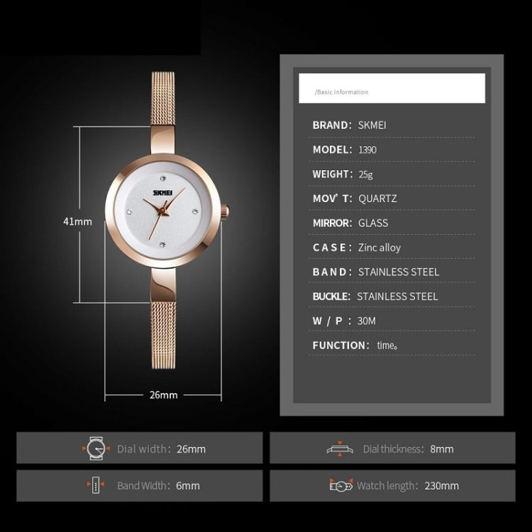 SKMEI 1390 Ladies Business Casual Watch Steel Band Lightweight Quartz Watch, Rose Gold, Golden, Silver