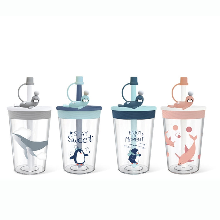 Children Cartoon Marine Animal Straw Drinking Cup Safe And Environmentally Friendly Plastic Drinking Cup, Navy Blue, Light Blue, Pink, Light Grey