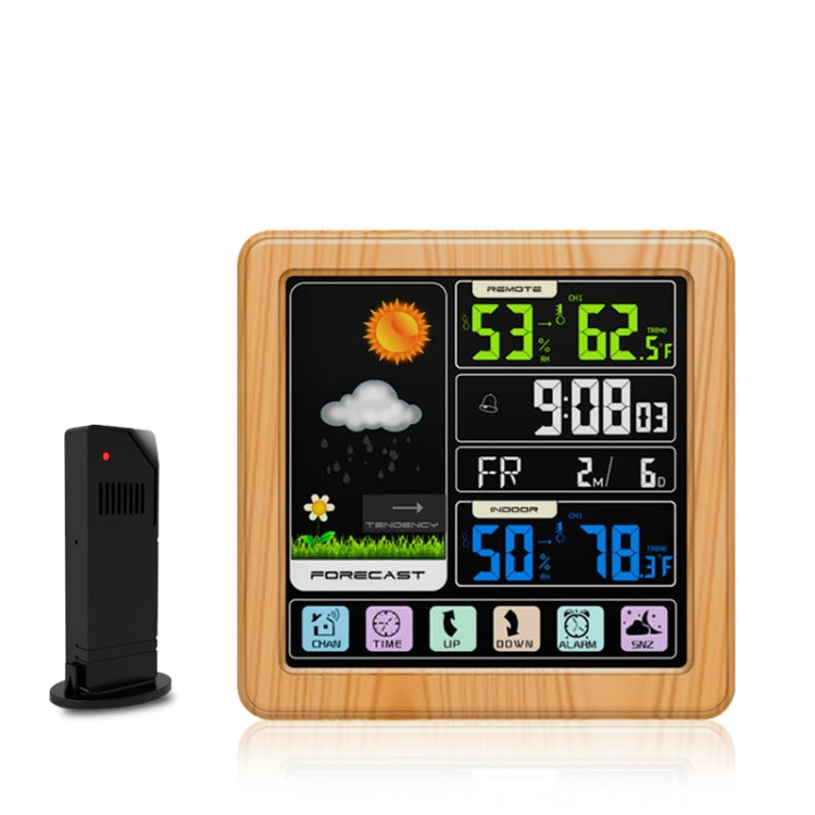 TS-3310 Wireless Weather Clock Multifunctional Color Screen Clock Creative Home Touch Screen Thermometer, Wood Grain, Black