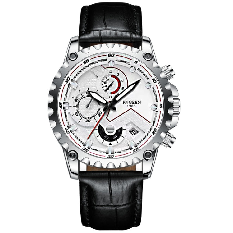 FNGEEN 5055 Men Waterproof Sports Fashion Stainless Steel Watch, Black Steel Black Surface, White Steel Black Surface, White Steel White Surface, Black Leather Black Steel Black Surface, Black Leather White Steel Black Surface                          ...