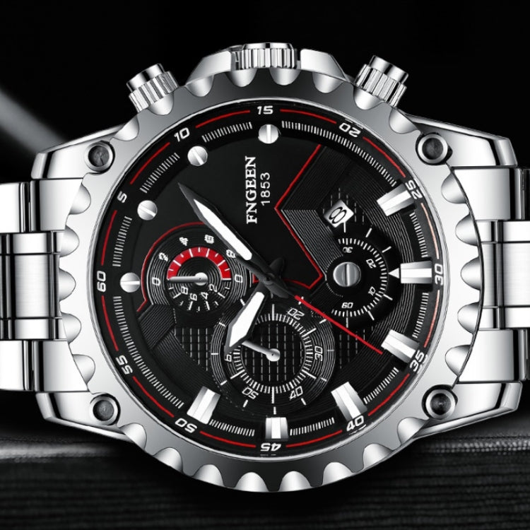 FNGEEN 5055 Men Waterproof Sports Fashion Stainless Steel Watch, Black Steel Black Surface, White Steel Black Surface, White Steel White Surface, Black Leather Black Steel Black Surface, Black Leather White Steel Black Surface                          ...