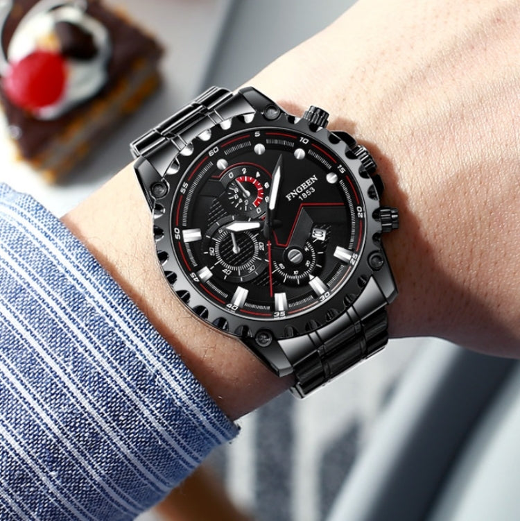 FNGEEN 5055 Men Waterproof Sports Fashion Stainless Steel Watch, Black Steel Black Surface, White Steel Black Surface, White Steel White Surface, Black Leather Black Steel Black Surface, Black Leather White Steel Black Surface                          ...