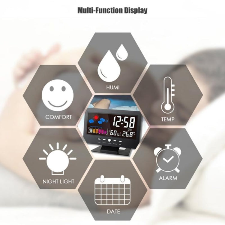 8082T Weather Forecast Clock LED Color Screen Perpetual Calendar Temperature And Humidity Intelligent Voice Control Electronic Alarm Cloc,Specification:, Black, Black + USB