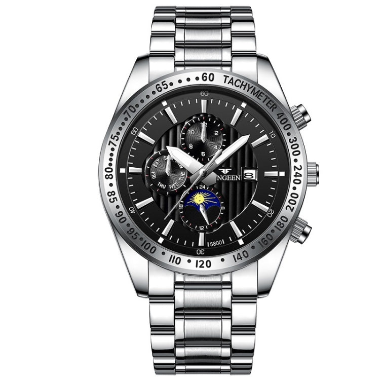 FNGEEN 5800 Men Three Eyes and Six Pins Watch Student Quartz Watch, Black Steel Black Surface, Black Steel White Surface, White Steel Black Surface, White Steel White Surface, Black Leather Black Steel Black Surface                                     ...