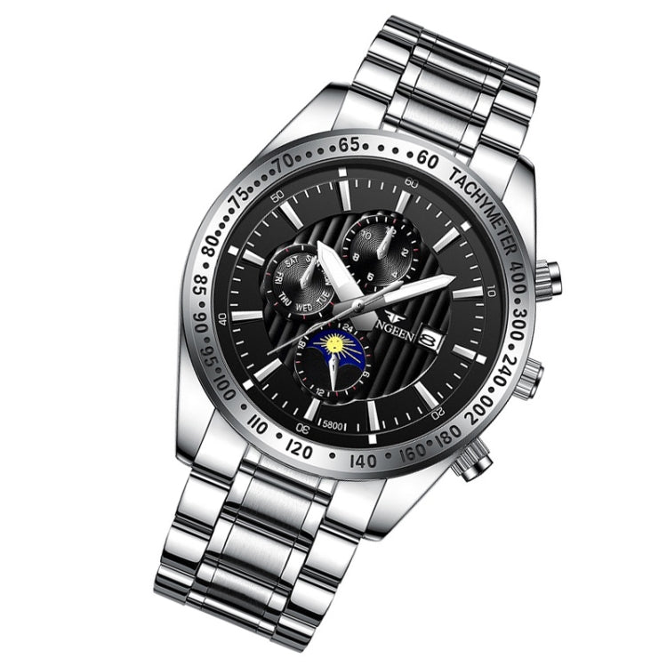 FNGEEN 5800 Men Three Eyes and Six Pins Watch Student Quartz Watch, Black Steel Black Surface, Black Steel White Surface, White Steel Black Surface, White Steel White Surface, Black Leather Black Steel Black Surface                                     ...