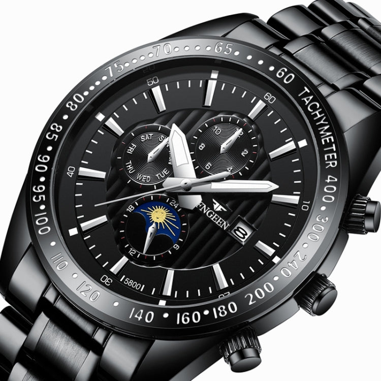 FNGEEN 5800 Men Three Eyes and Six Pins Watch Student Quartz Watch, Black Steel Black Surface, Black Steel White Surface, White Steel Black Surface, White Steel White Surface, Black Leather Black Steel Black Surface                                     ...