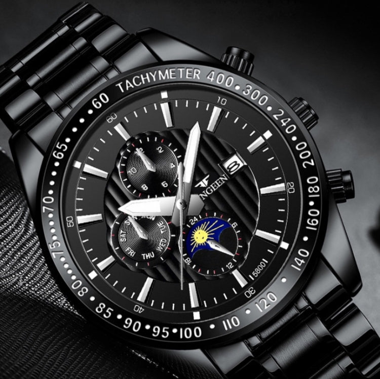 FNGEEN 5800 Men Three Eyes and Six Pins Watch Student Quartz Watch, Black Steel Black Surface, Black Steel White Surface, White Steel Black Surface, White Steel White Surface, Black Leather Black Steel Black Surface                                     ...