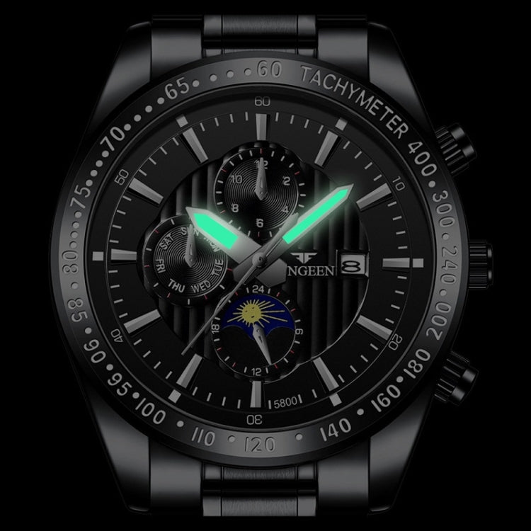 FNGEEN 5800 Men Three Eyes and Six Pins Watch Student Quartz Watch, Black Steel Black Surface, Black Steel White Surface, White Steel Black Surface, White Steel White Surface, Black Leather Black Steel Black Surface                                     ...