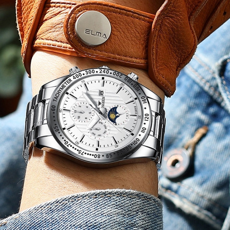 FNGEEN 5800 Men Three Eyes and Six Pins Watch Student Quartz Watch, Black Steel Black Surface, Black Steel White Surface, White Steel Black Surface, White Steel White Surface, Black Leather Black Steel Black Surface                                     ...