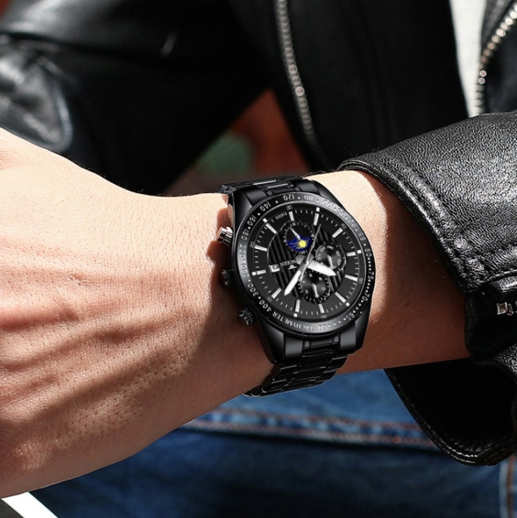 FNGEEN 5800 Men Three Eyes and Six Pins Watch Student Quartz Watch, Black Steel Black Surface, Black Steel White Surface, White Steel Black Surface, White Steel White Surface, Black Leather Black Steel Black Surface                                     ...