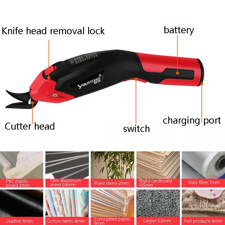 YOURTOOLS Y4005 12W Tungsten Steel Electric Scissors Clothing Leather Carpet Trimming Scissors, 1500mAh (Red), 2500mAh  (Gray), US Plug (Gray), EU Plug (Gray)