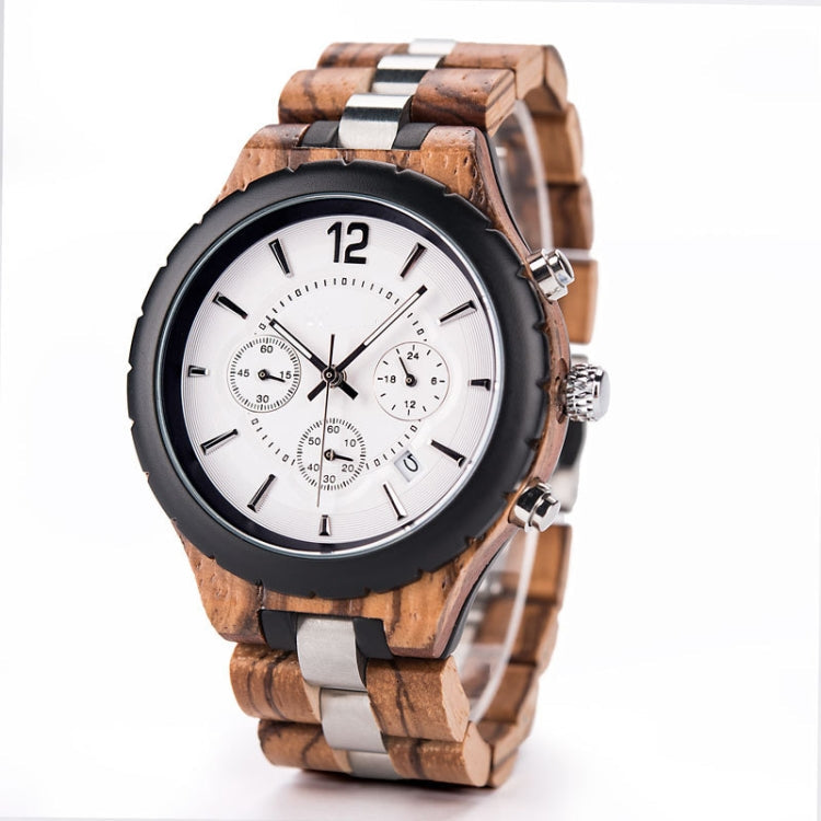 D21 Men Wooden Strap Stainless Steel Luminous Waterproof Watch, White, Black