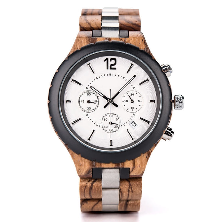 D21 Men Wooden Strap Stainless Steel Luminous Waterproof Watch, White, Black