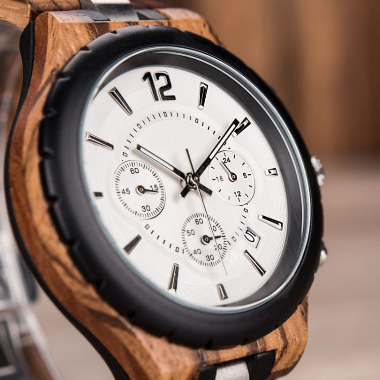 D21 Men Wooden Strap Stainless Steel Luminous Waterproof Watch, White, Black