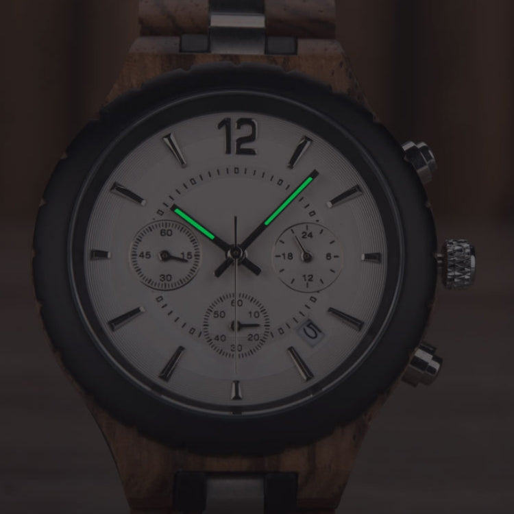 D21 Men Wooden Strap Stainless Steel Luminous Waterproof Watch, White, Black