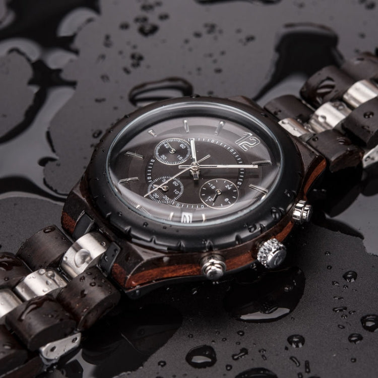 D21 Men Wooden Strap Stainless Steel Luminous Waterproof Watch, White, Black