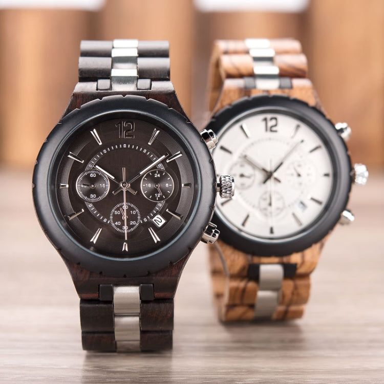 D21 Men Wooden Strap Stainless Steel Luminous Waterproof Watch, White, Black