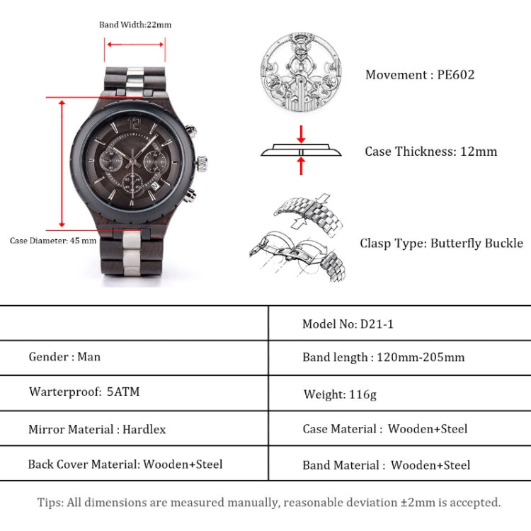 D21 Men Wooden Strap Stainless Steel Luminous Waterproof Watch, White, Black