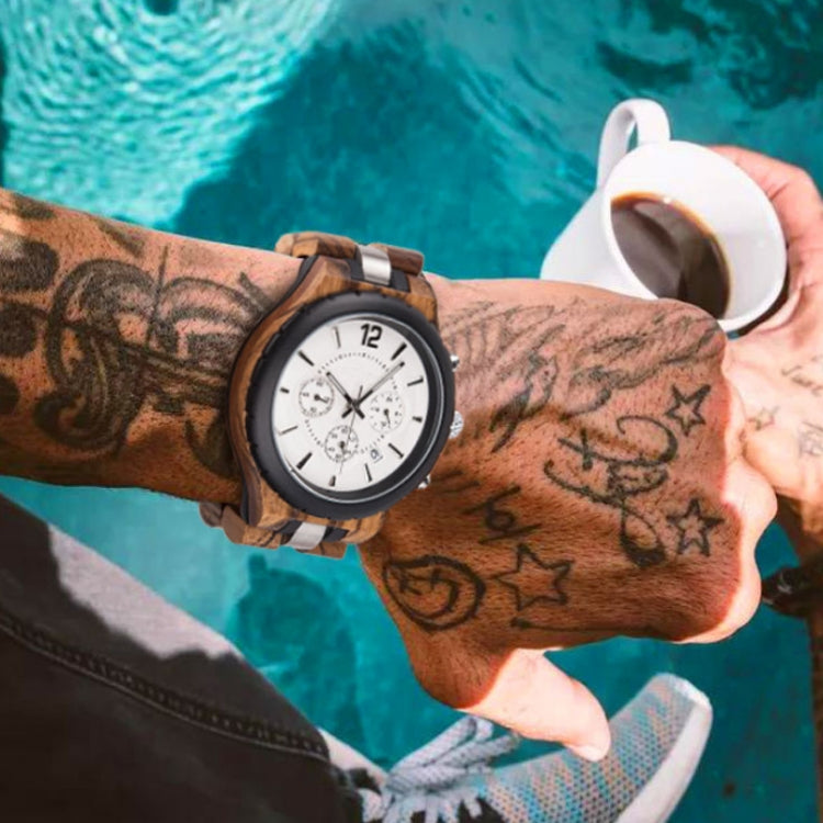 D21 Men Wooden Strap Stainless Steel Luminous Waterproof Watch, White, Black