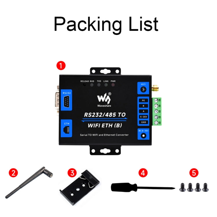Waveshare Industrial Grade Serial Server RS232/485 to WiFi / Ethernet, RJ45 Network Port, RJ45 Network Port with POE Support
