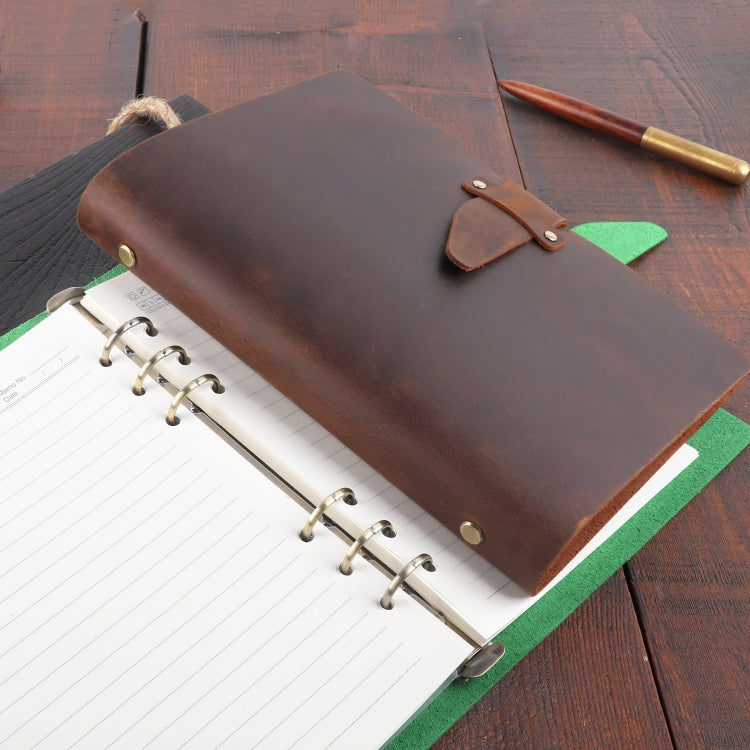A5 Cowhide Retro Loose-Leaf Notebook Diary Office Business Simple Notepad Crazy Horse Leather Handbook, Brown, Ink Green, Blue, Black, Coffee, Wine Red, Purple