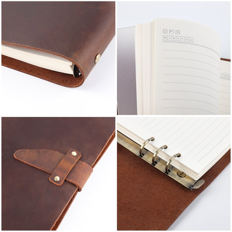 A5 Cowhide Retro Loose-Leaf Notebook Diary Office Business Simple Notepad Crazy Horse Leather Handbook, Brown, Ink Green, Blue, Black, Coffee, Wine Red, Purple