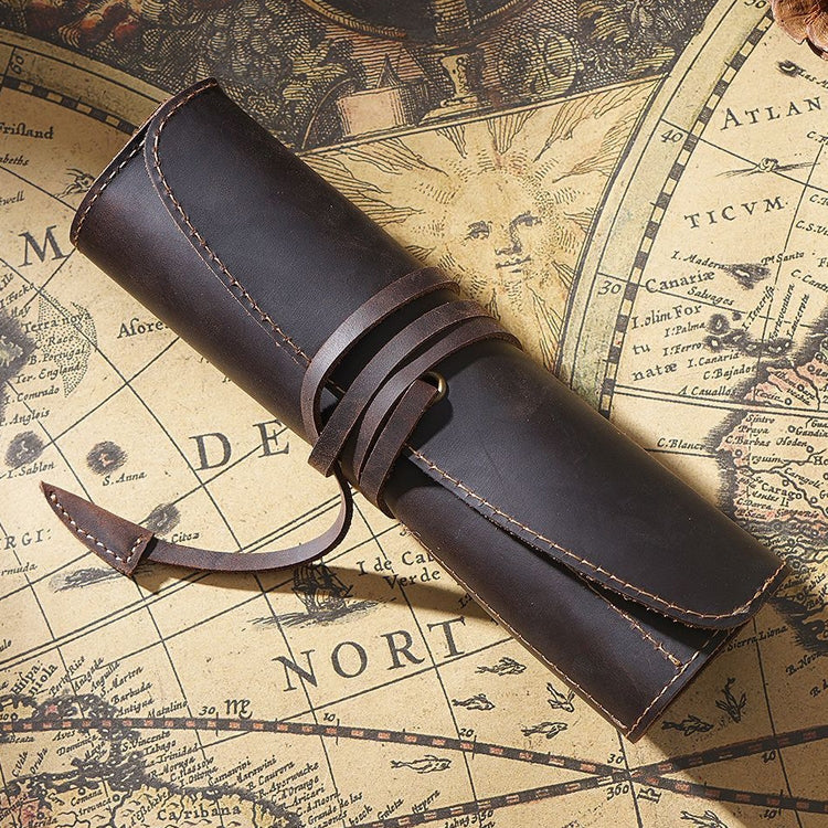 Retro First Layer Cowhide Pen Curtain Simple Literary Pencil Case Multifunctional Volume Pencil Case, Crazy Horse Skin Black, Crazy Horse Skin Coffee, Crazy Horse Skin Brown, Crazy Horse Skin Wine Red, Crazy Horse Skin Ink Green, Crazy Horse Skin Blue