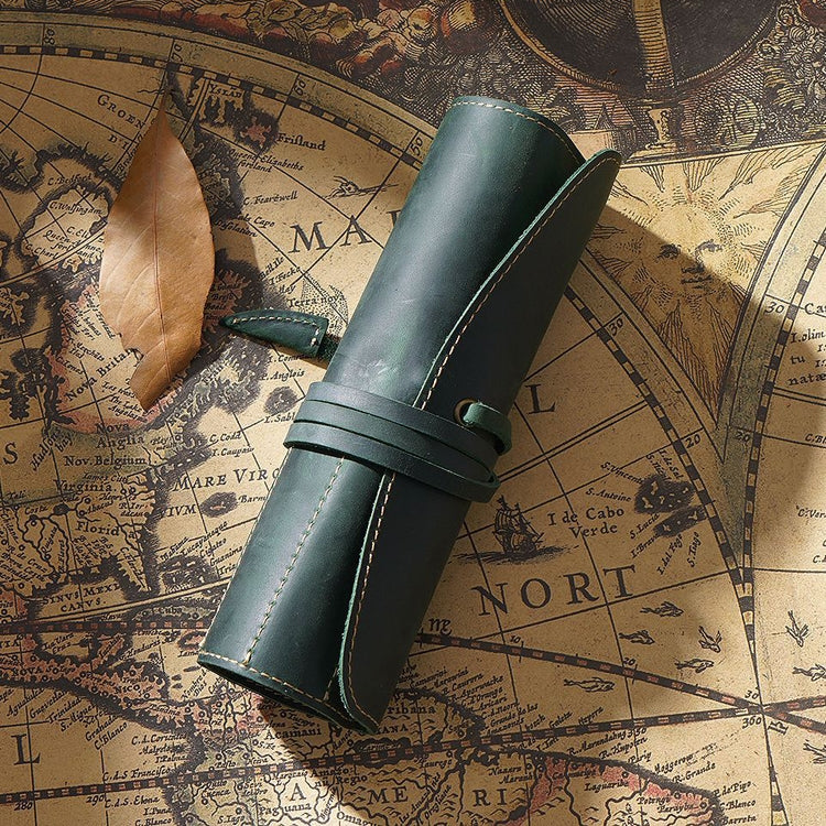 Retro First Layer Cowhide Pen Curtain Simple Literary Pencil Case Multifunctional Volume Pencil Case, Crazy Horse Skin Black, Crazy Horse Skin Coffee, Crazy Horse Skin Brown, Crazy Horse Skin Wine Red, Crazy Horse Skin Ink Green, Crazy Horse Skin Blue