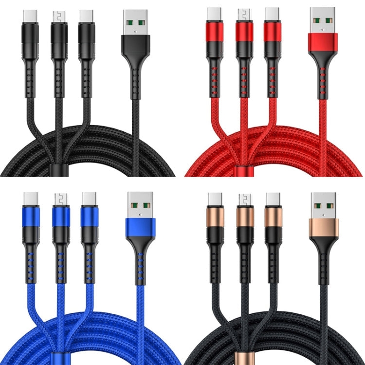 1.25m 3 In 1 USB to 8 Pin+Type-C+Micro USB Quick Charging Sync Data Cable, Output: 5A (Blue), 3A (Gold), 3A (Red), 3A (Black), 3A (Blue), 5A (Gold), 5A (Red), 5A (Black), 5A (Blue)