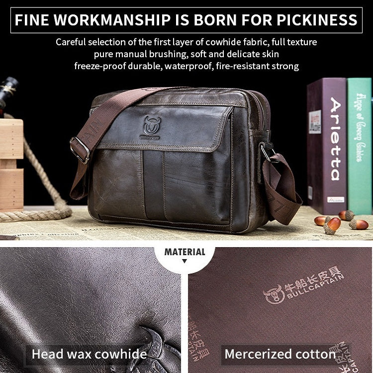 BULL CAPTAIN  Double Layer Leather One Shoulder Messenger Bag For Men, Yellow Brown, Beige, Iron Blue