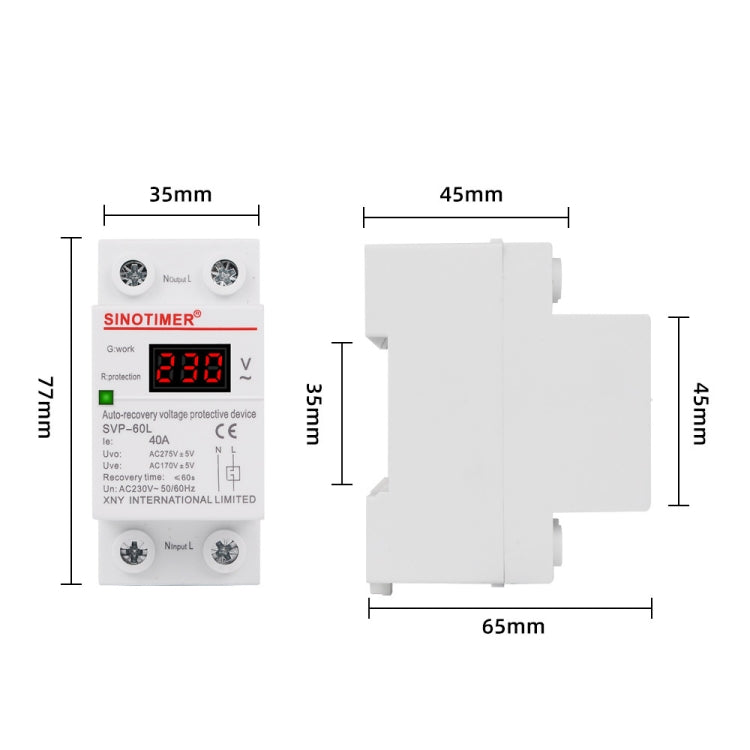 SINOTIMER 220V 40A LED Digital Display Delay Automatic Reset Under-voltage Protector, SVP-60L