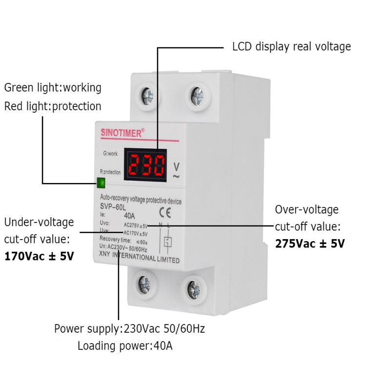 SINOTIMER 220V 40A LED Digital Display Delay Automatic Reset Under-voltage Protector, SVP-60L